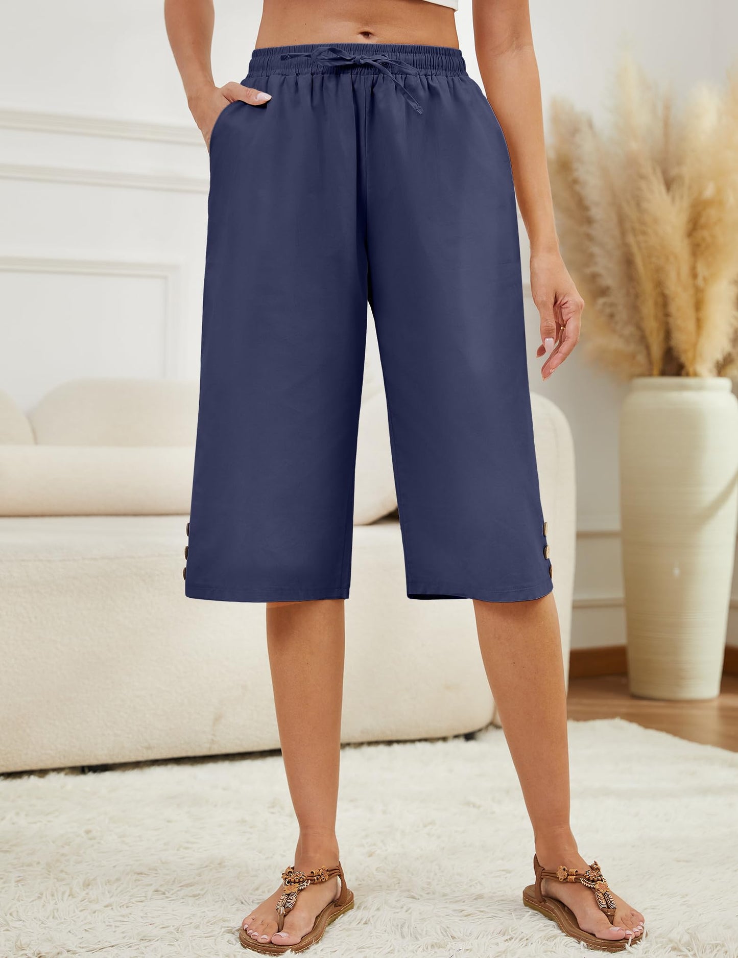 WROLEM Womens Capris Pants High Waist Drawstring Comfy Casual Pants Lightweight Trousers Buttons with Pockets NavyBlue X-Large