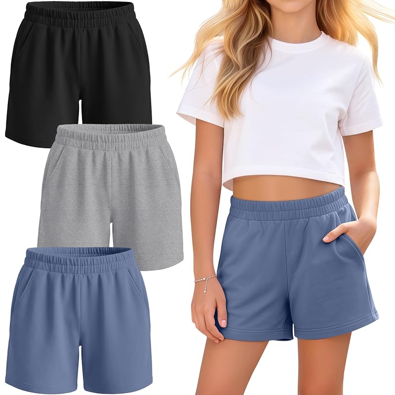 Girls Athletic Shorts 3-Pack - Haze Blue, Light Gray, Black 13-14 Years