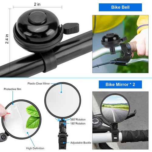 SODPE 8 Pack Bicycle Accessories, Bike Light Set USB Rechargeable, 1 Bike Water Bottle Holder, Bicycle Bag and 1 Bike Aluminum Bicycle Bell,Pump