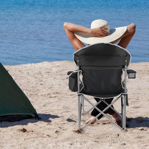Elevon Oversized Camping Chair for Adults, Portable Folding Chair Heavy Duty, Support 500 LBS Steel Frame Padded Chair with Cup Holder Cooler Bag, Black