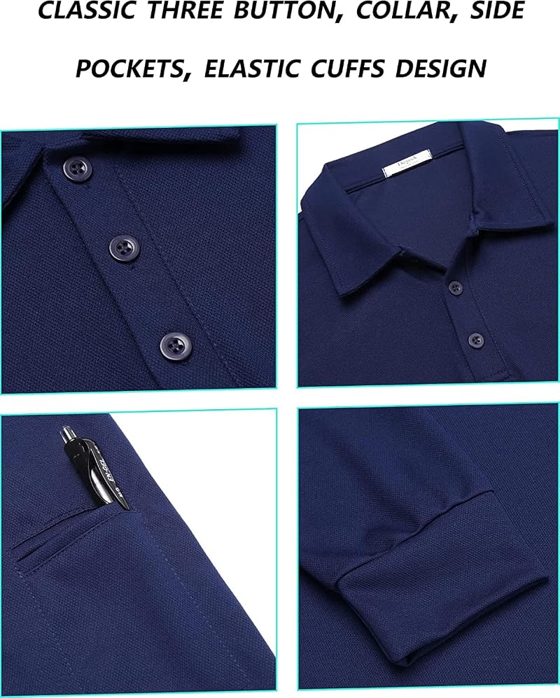 Deyeek Men's Long Sleeve Polo Shirt - Quick Dry Golf Polo Navy Large