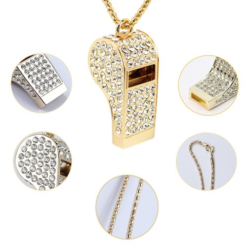 ARCSTILL Metal Rhinestone Lanyard Whistle Bling Crystal Loud Sound with Chain Whistle for Coaches, Referee, Teachers, Police, Lifeguard, Emergency, Sports, Adults (Gold)