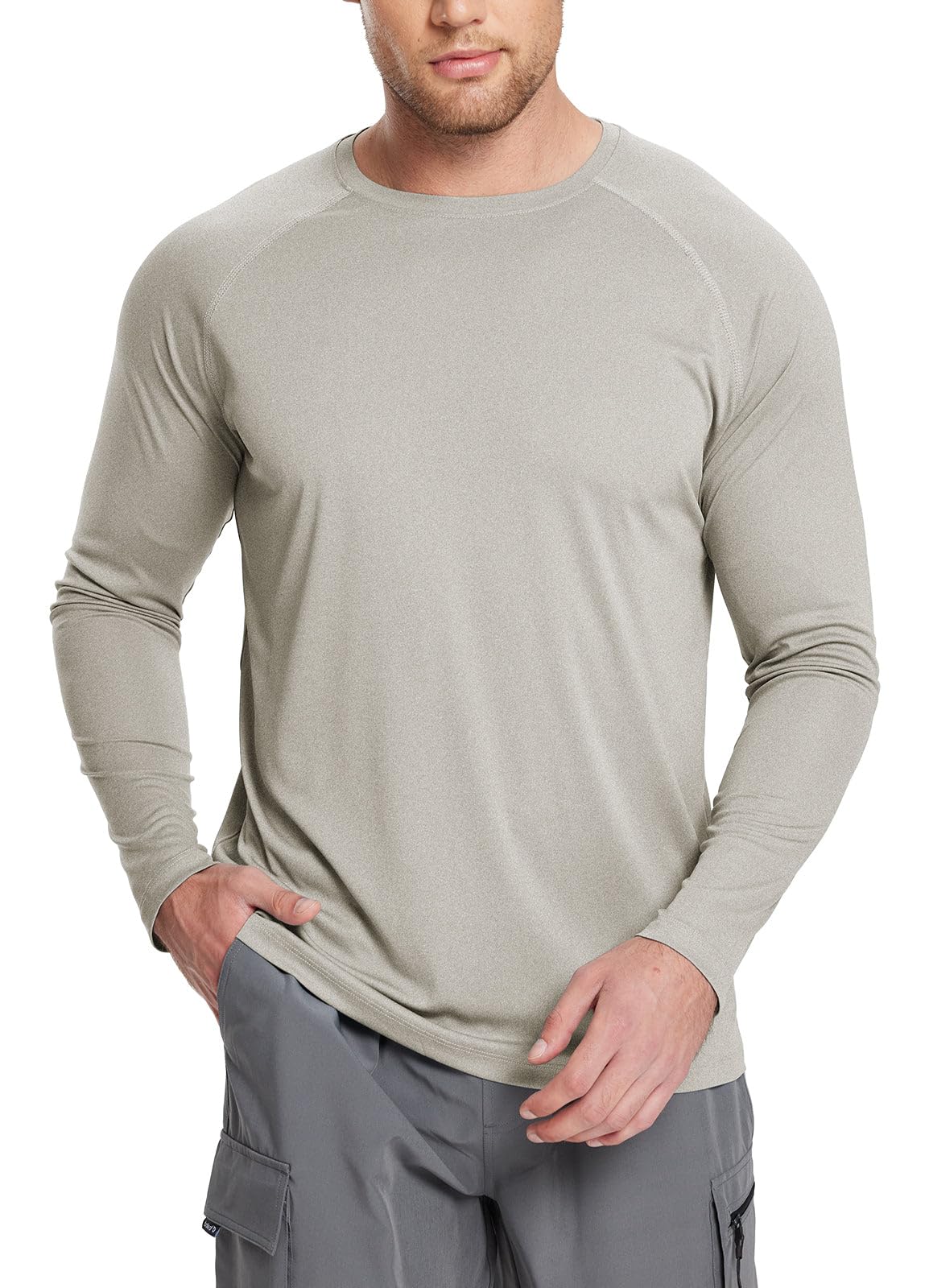 baleaf Men's Long Sleeve Running Shirts Workout Tops Quick Dry SPF Rash Guard Lightweight Hiking Sun Protection t Shirt Khaki 2XL