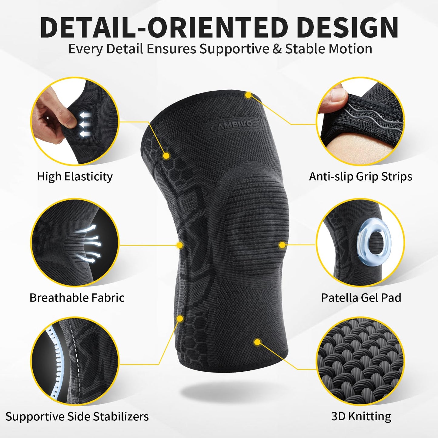 CAMBIVO Knee Brace for Knee Pain, Medical Grade Knee Compression Sleeve with Side Stabilizers & Patella Gel Pad for Meniscus Tear, Arthritis, ACL, Running,Workout, Daily Use(Black, Medium)
