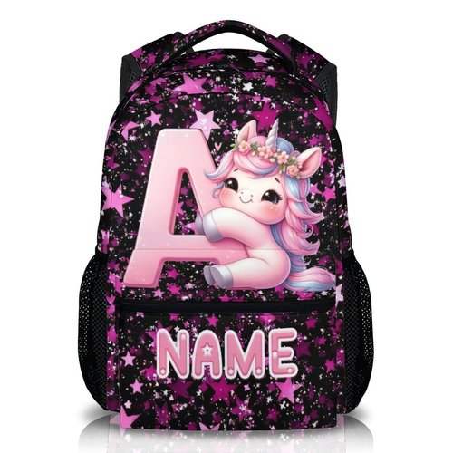 Kids Backpack, Custom Cute Unicorn Bookbag for Girls 6-8, Initial Gift for Birthday, 17 Inch Leisure Monogram Backpack for School Preschool Elementary Kindergarten