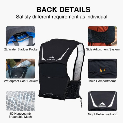 BLACK ORCA Running Vest for Women Men Hydration Vest with 2L Water Bladder Lightweight Reflective Runners Vest for Hiking, Cycling, Trail, Running, Marathons