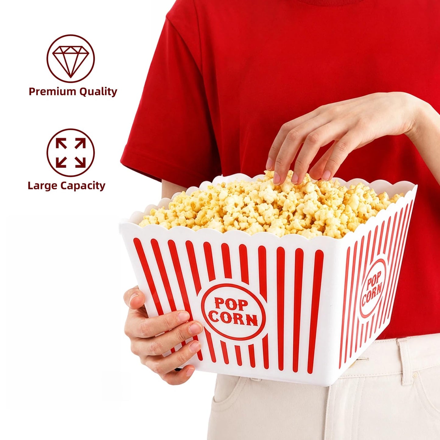Bekith 6 Pack Plastic Popcorn Buckets Reusable, Large Popcorn Containers for Movie Night, 9" Square x 6" Tall
