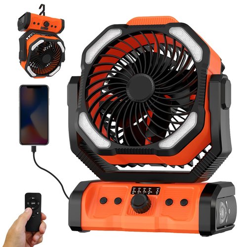 Wifen Camping Fan with Remote & Timer - 20000mAh Dual-Blade Rechargeable Fan, Auto Oscillation, 270° Pivot Hook for Hurricane Emergency, Power Outage, Garage, Patio, RV Travel, Outdoor