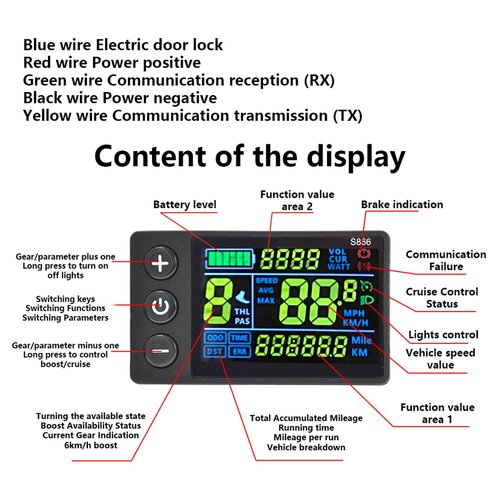 CAUNLA 24V 36V 48V Electric Bike Speedometer Odometers S866 Color Display LCD Meter Electric Scooter Control Panel 5pin Plugs