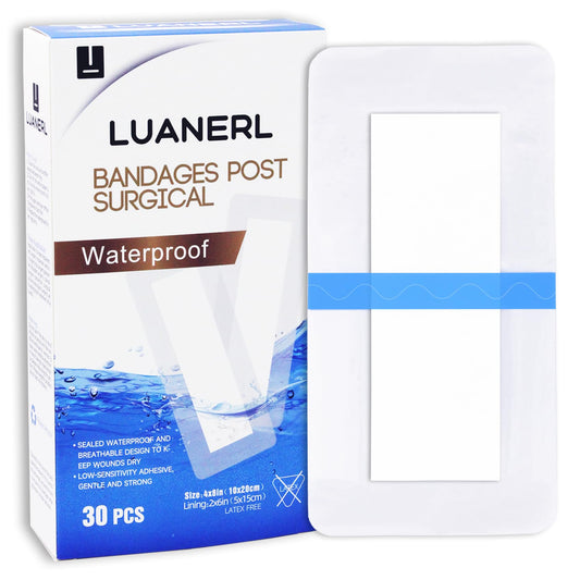 30 Pack 4"x 8" Waterproof Adhesive Island Dressing for Post-Surgery Recovery | Sterile Bordered Gauze Bandages with Non-Stick Pad for Knee/Hip Replacement, Surgical Incision Care & Shower Protection