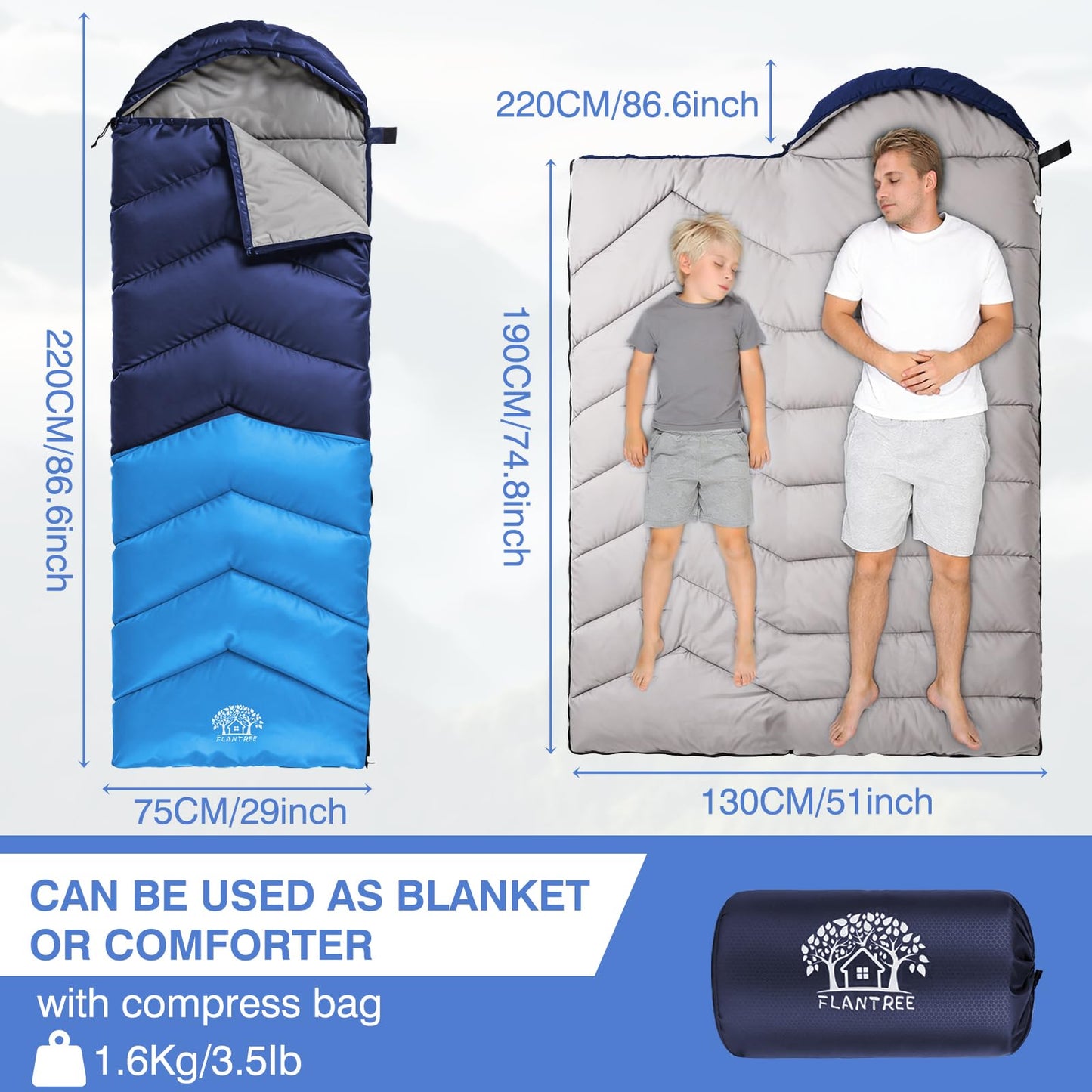 Flantree Sleeping Bags for Adults & Kids for Camping Hiking Trips Warm Cool Weather, Lightweight and Waterproof with Compression Bag, 3-4 Season Indoors Outdoors Activities