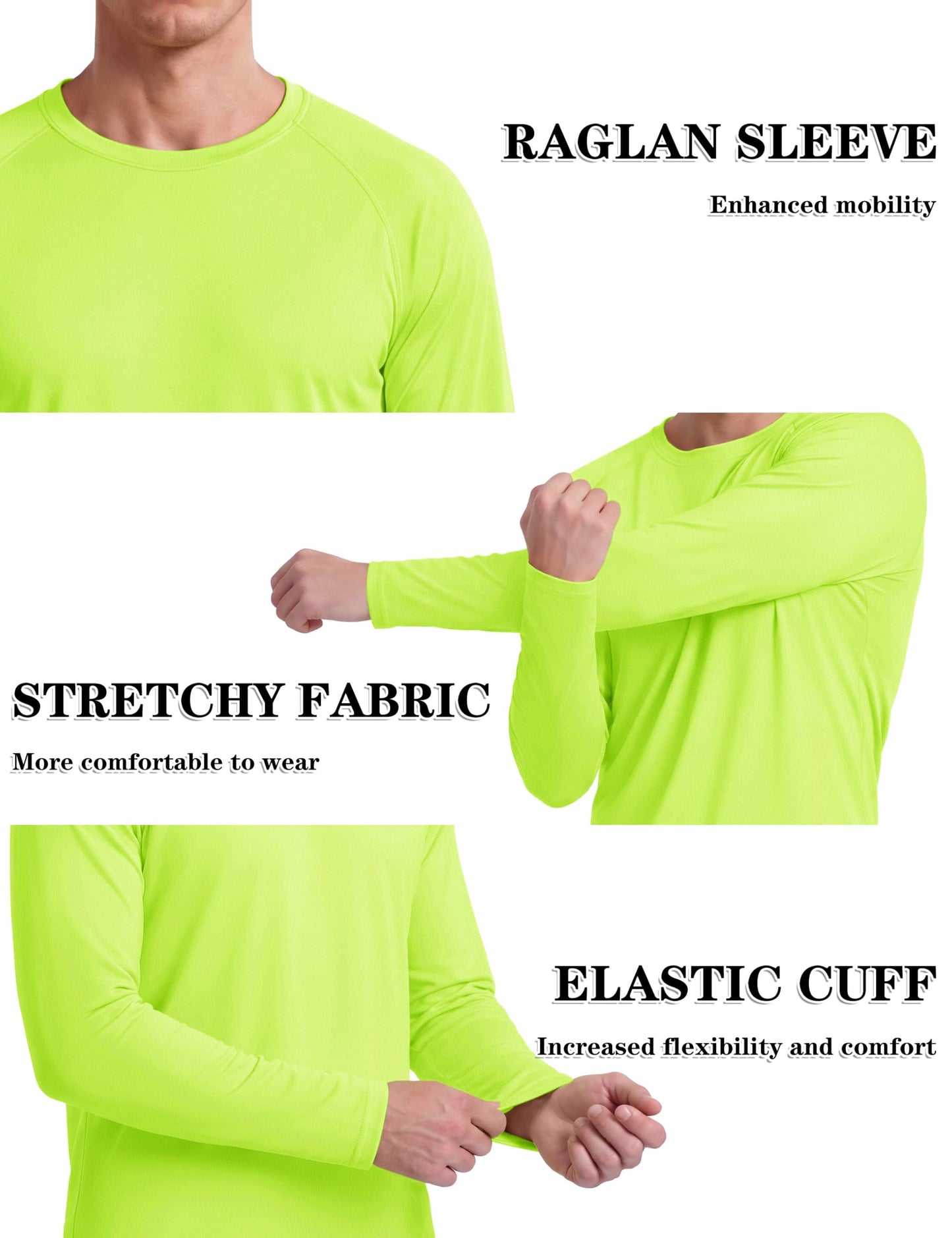 KEFITEVD Rash Guard for Men Long Sleeve Crew Neck T-Shirts UV Protection Active Shirts Lightweight Workout Shirts Hiking Shirt Quick Dry Fluorescent Green