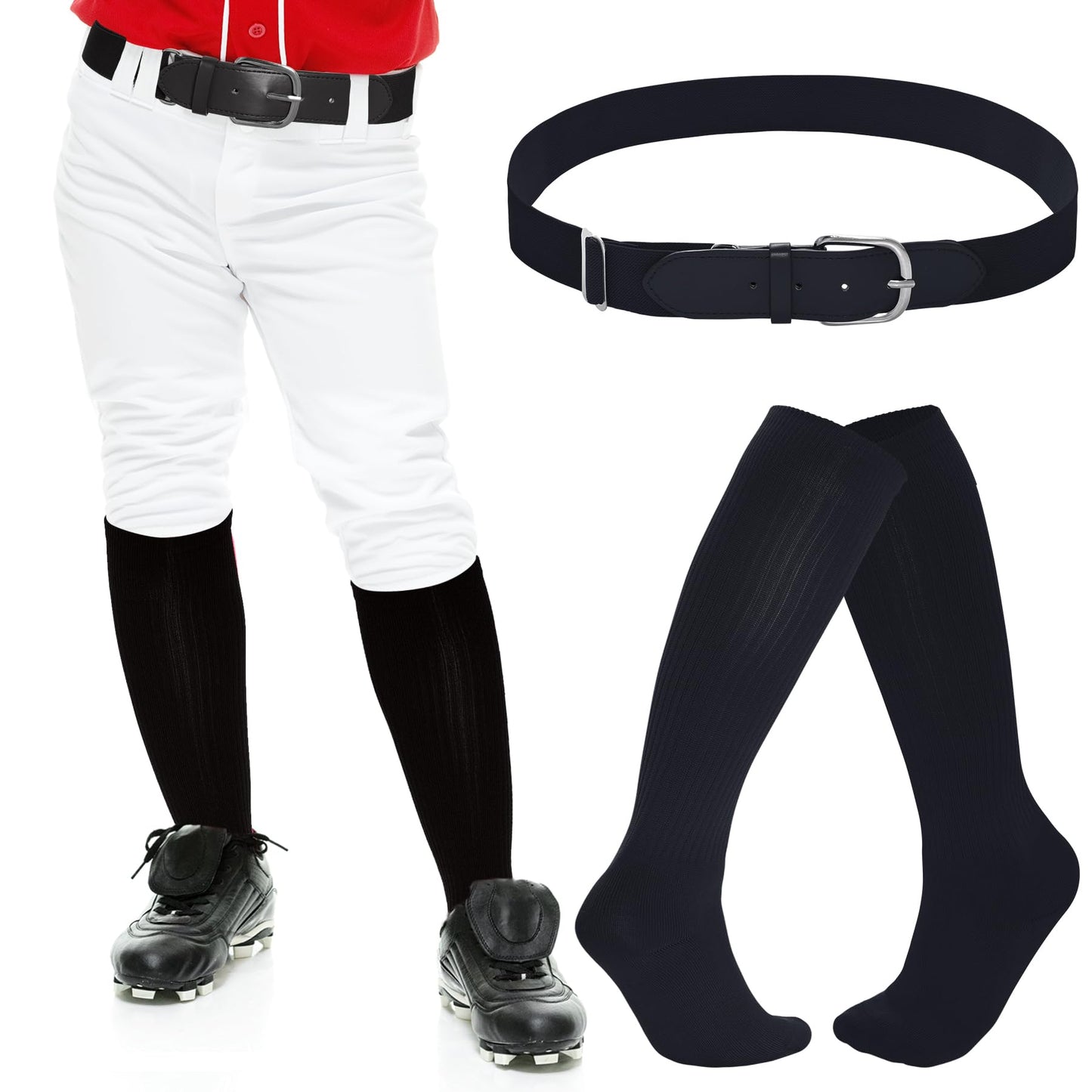 Dxhycc Youth Baseball Socks and Belt Combo Set Softball Baseball Socks and Elastic Waist Belt for Youth Boys Girls, Black