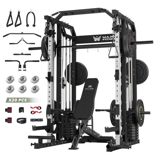 Major Fitness Smith△ Machine Drone2 Premium, All-in-One Home Gym Squat Rack with Aluminum Pulley Set , Weight Bar, Dual LAT Pull-Down Systems (SL D2AW+BK Bench+ BK 230LB)