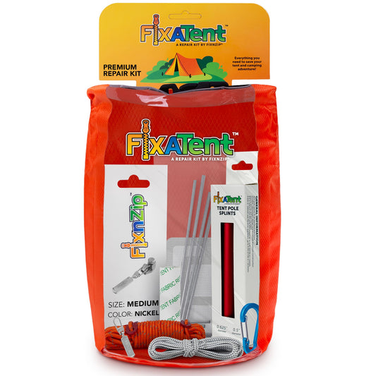 FixNZip FixATent Premium | Complete Tent Repair Kit with Zipper Slider, Pole Splints, Shock Cord, Screen Patches, Fabric Tape, Stakes, Guy Rope & Waterproof Dry Bag | Full Camping Gear Emergency Kit