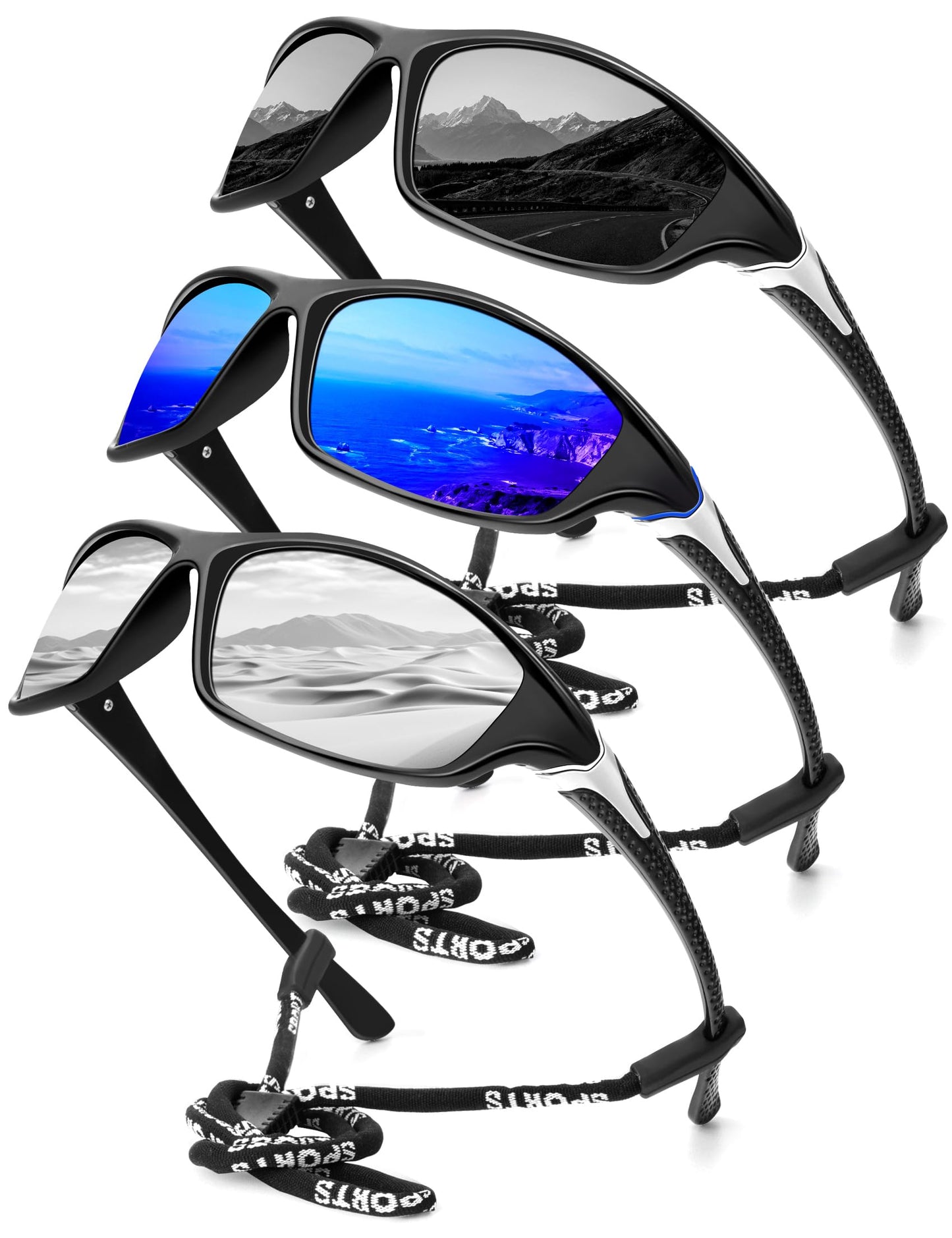 KALIYADI Sports Polarized Sunglasses Men UV400 Protection for Fishing Driving Cycling, Black/Blue/Silver, 3 Pack