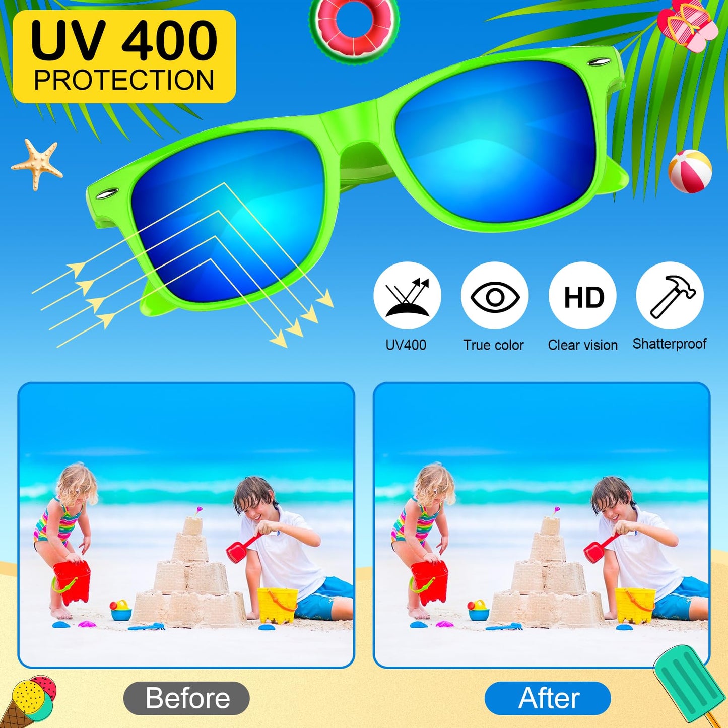 BOUBONI 10/20/40 Pack Kids Sunglasses Bulk Retro Party Favors for Wedding Beach Summer Pool Party Supplies Goodie Stuffers (10, Gradient Colors)