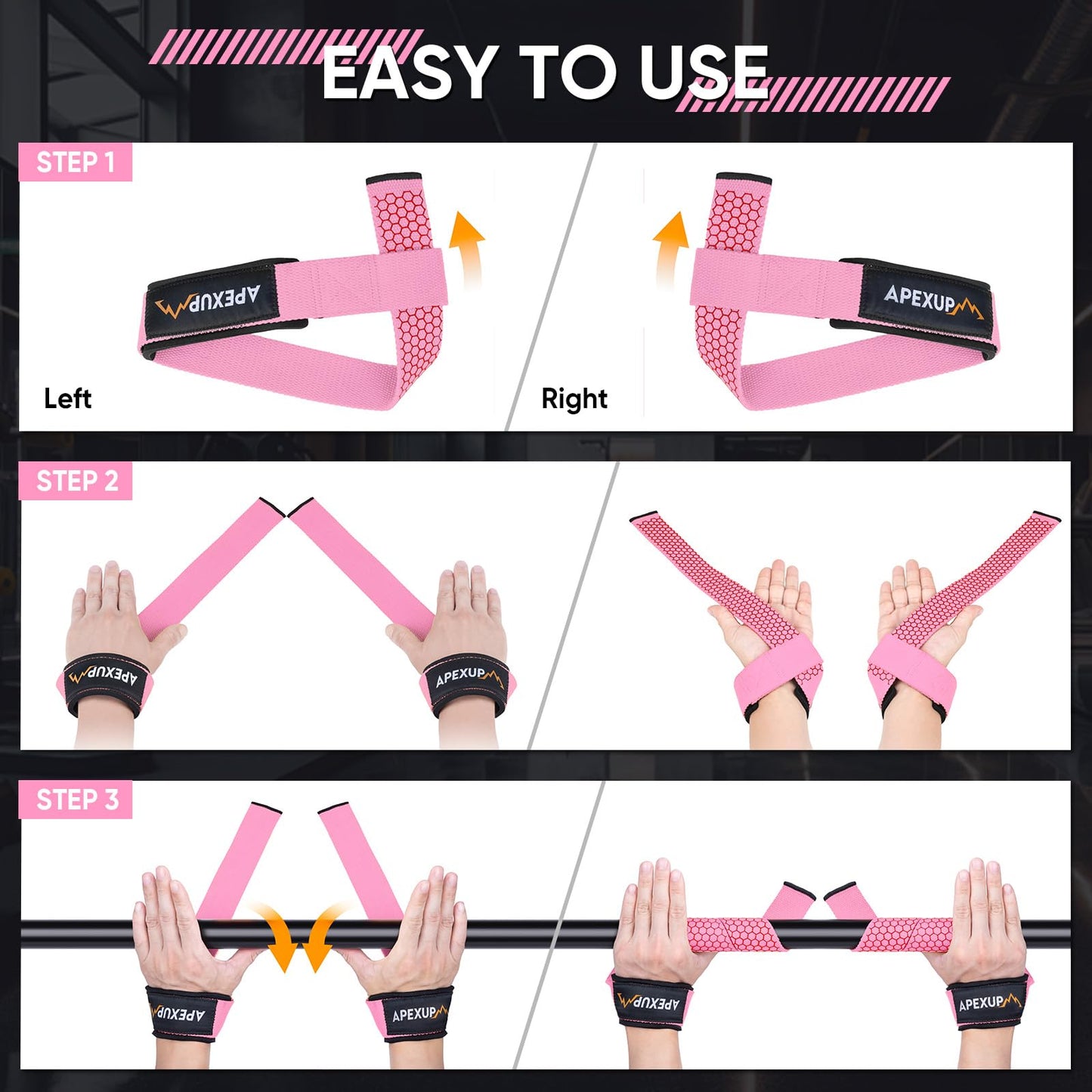 APEXUP Weight Lifting Straps for Weightlifting, Lifting Wrist Straps Gym, Deadlift Strap, Anti Slip Silicone Weightlifting Strap Men Women Powerlifting, Strength Training (Pink, 2 Pair)