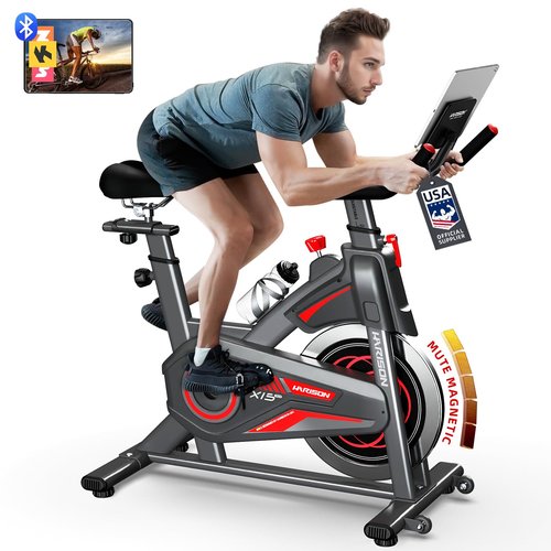 HARISON Exercise Bike, Stationary Bike for Home 350 lb Weight Capacity, Magnetic Workout Bike with Bluetooth App, Brake Pad Indoor Cycling Bike with Tablet Mount & Comfortable Seat Cushion