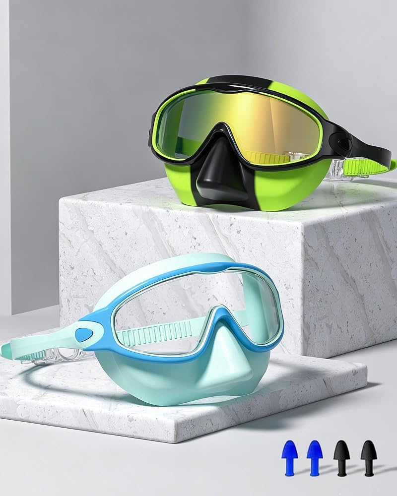 Kids Swim Goggles 2 Pack - Soft Silicone Anti-Fog UV Protection, Blue/Green & Black
