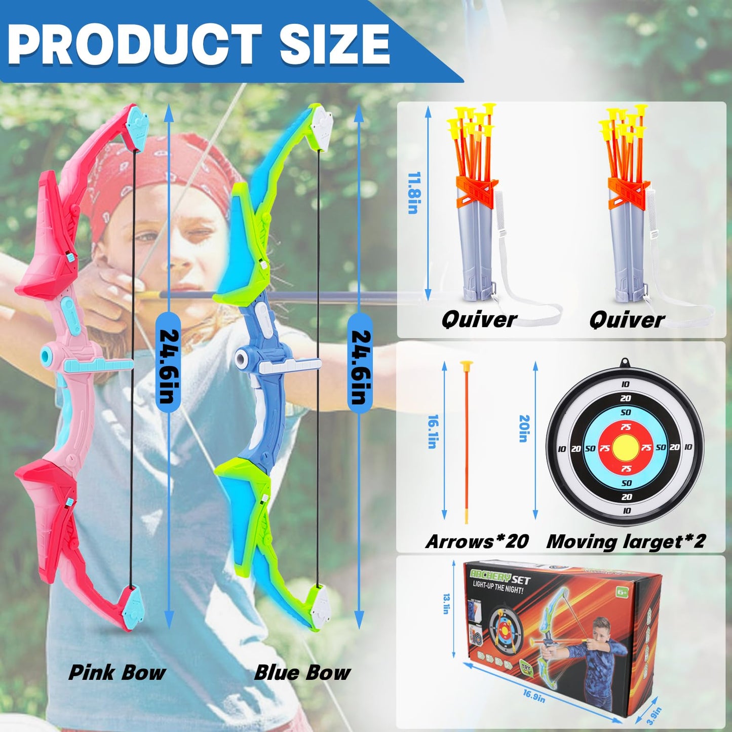 2 Pack Bow and Arrow Set for Kid, LED Light Up Archery Toy with 20 Suction Cup Arrows & 2 Quiver, 2 Score Target, Indoor Outdoor Activity for 6 7 8 9 10 11 12 Year Old Boy Girl Gifts