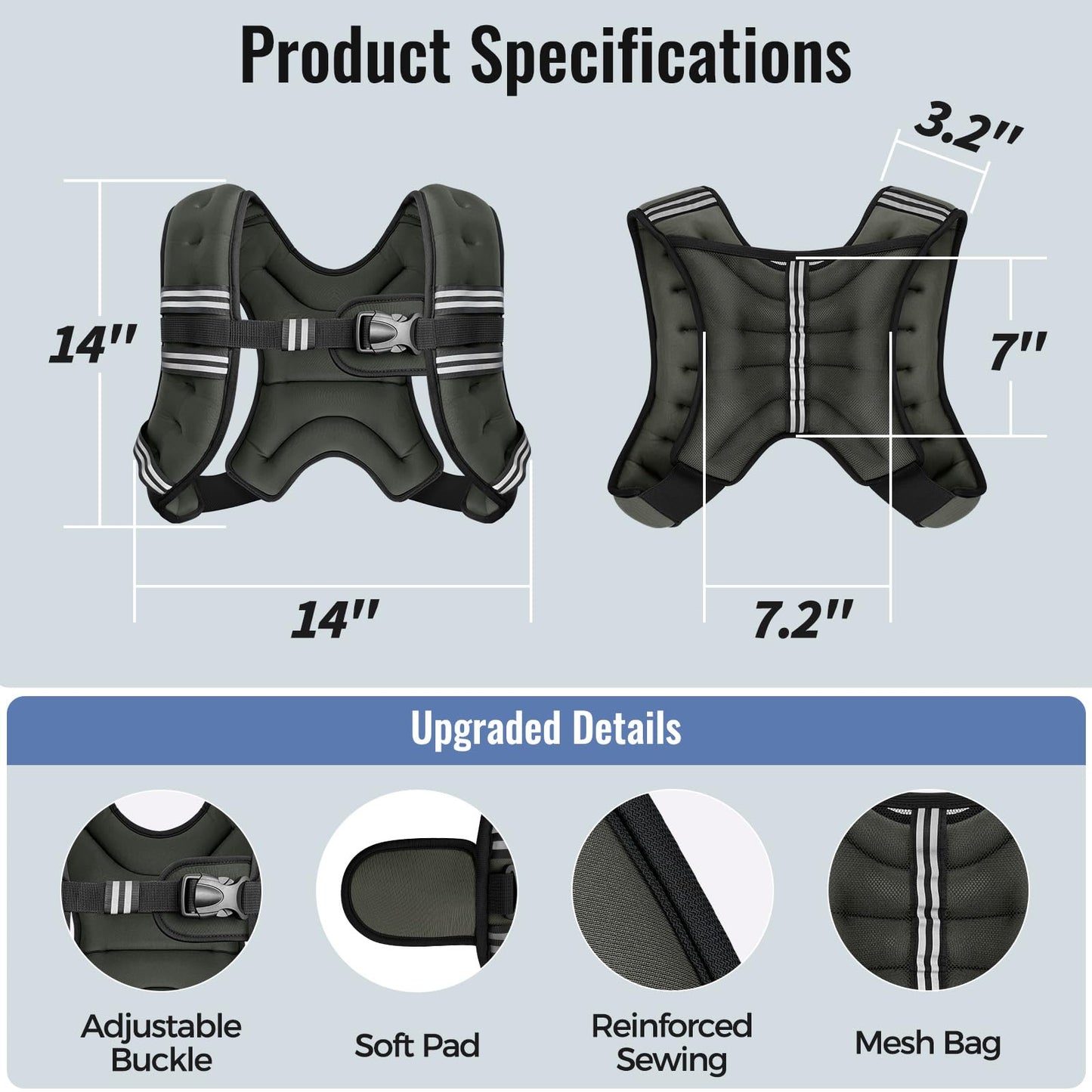 Zeerun Weighted Vest, 6lb/8lb/10lb/12lb/15lb/18lb/20lb/24lb/30lb for Men Women, Reflective Stripe Adjustable Buckle, Comfortable Durable Rucking Vest for Walking Running Strength Training, 10LBS-Gray