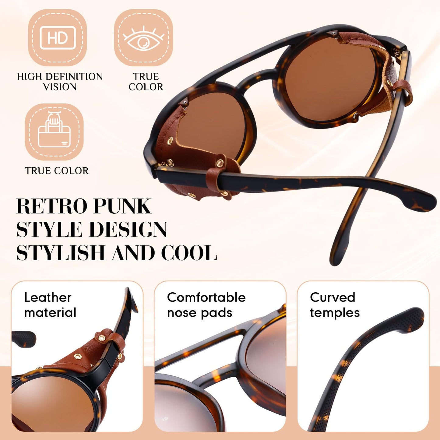 Weewooday 3 Pairs Retro Round Steampunk Sunglasses with Faux Leatherwear for Men Women (Retro Color)