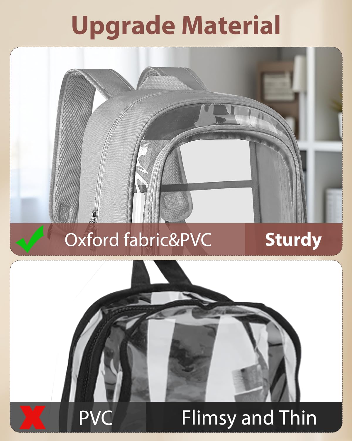 KIMNERPU Clear Backpack, Fabric & PVC Transparent Backpack with Reinforced Strap for Women Men, Heavy Duty Transparent Bookbag, Large Capacity Clear Bag, Travel, Security, Grey