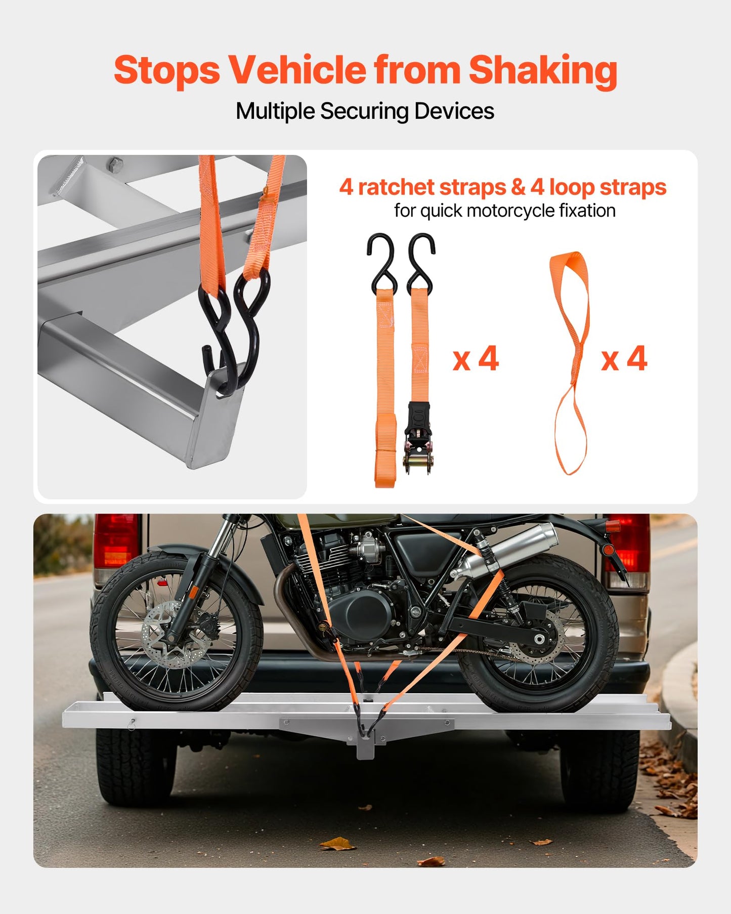 VEVOR Motorcycle Carrier, 400 lbs Capacity, Heavy Duty Aluminum Hitch Mount Rack with 73in Loading Ramp, Straps & Stabilizer, Scooter Dirt Bike Trailer Hauler for Car Truck with 2-Inch Hitch Receiver