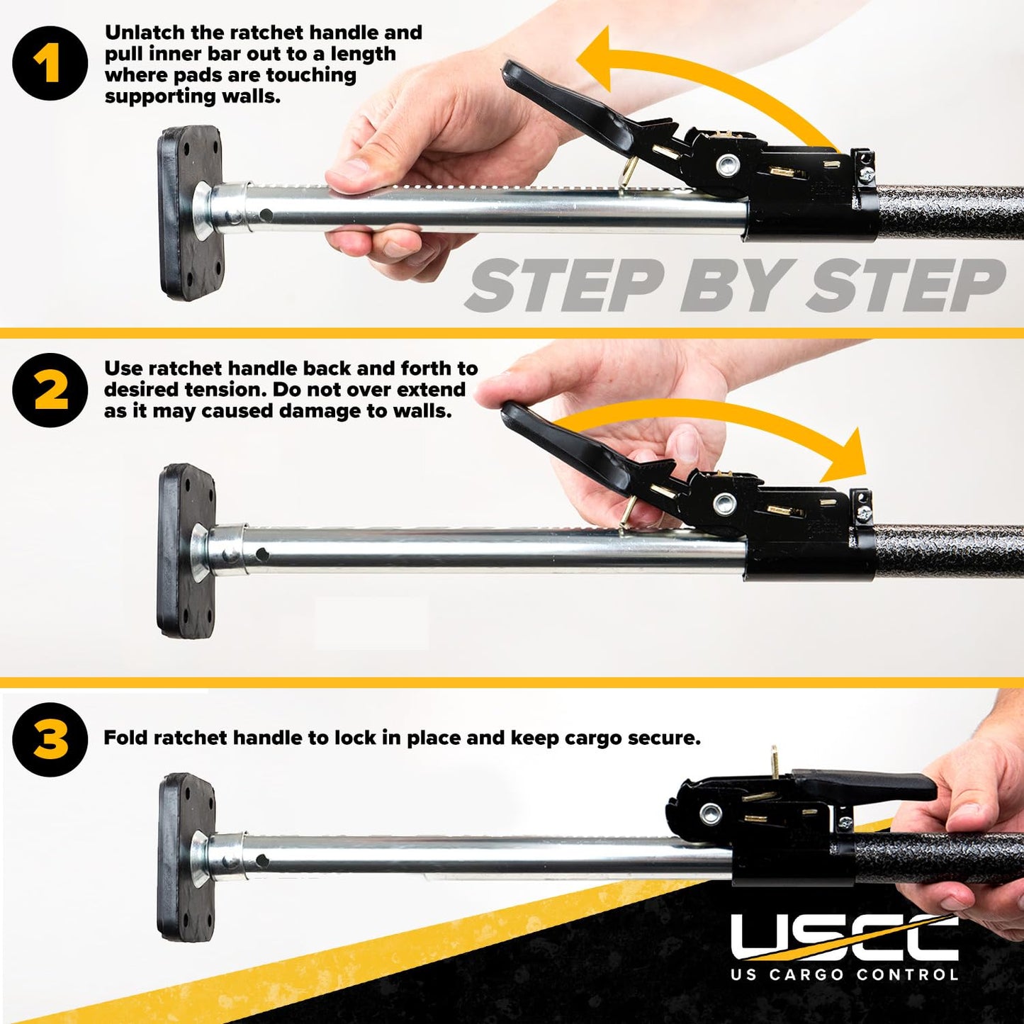 US Cargo Control Ratcheting Cargo Bar for Pickup Truck Bed, 40" to 70" Adjustable Load Locks for Pickup Trucks, SUV, Minivan, and Small Trailers, Truck Bed Divider with Rubber Non-Slip Pads