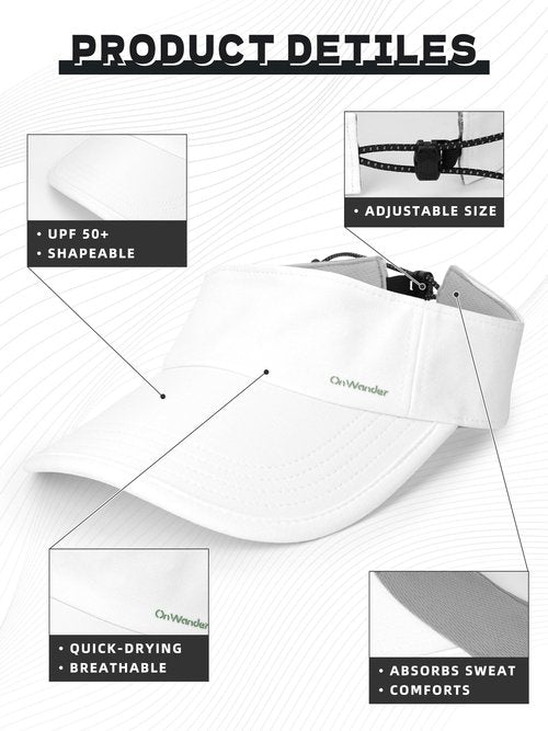 OnWander Sport Sun Visor Hat for Women and Men,Lightweight Cooling Sweatband Hat for Golf,Running,Tennis, Moisture-Wicking & Quick-Dry & Foldable White