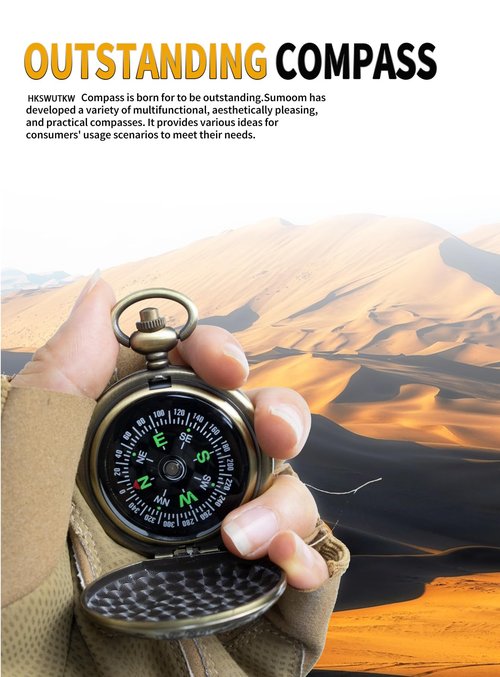 HKSWUTKW Zinc Alloy Waterproof Golden Keychain Compass - Vintage Antique Design for Kids, Boy Scouts & Hiking - Survival Orienteering & Navigation Gear