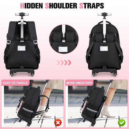 ACESAK Rolling Backpack for Girls - Roller Wheels School Bookbag with Lunch Bag & Pencil Pouch for Teen Girls Kids Wheeled Suitcase Backpacks, Elementary Middle School Travel Daypack (Black)