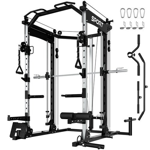 OutdoorVibe Smith Machine for Home Gym, 2200LBS Capacity Heavy Duty Power Cage with Cable Crossover System, All-in-One Home Gym System with Weight Storage & Multi-Functional Training Stations