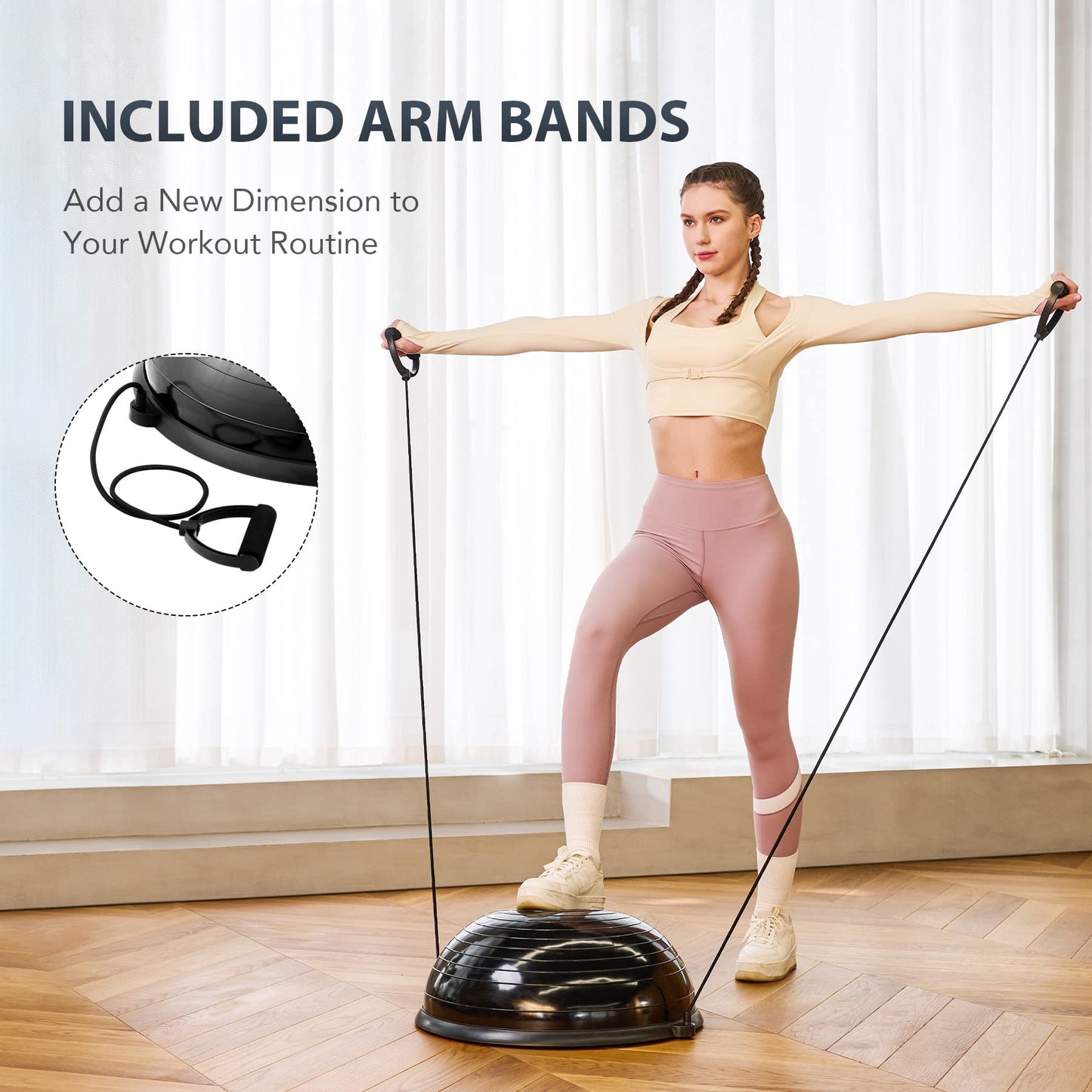 ZELUS Half Balance Ball Trainer, 23 inch Half Exercise Ball with Nonslip Base, 330lbs Cap Half Yoga Ball with Resistance Bands & Foot Pump, Extra Ball Included, Strength Fitness Ball for Home Gym