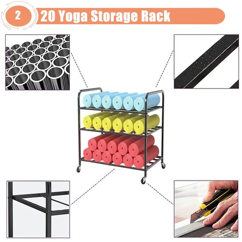Storage Holder Home Gym Large Yoga Mat Storage Cart Rack with Wheels, 3 - Layers Metal Workout Organizer for Yoga Mat Display & Home Exericse Display Stand(Black)