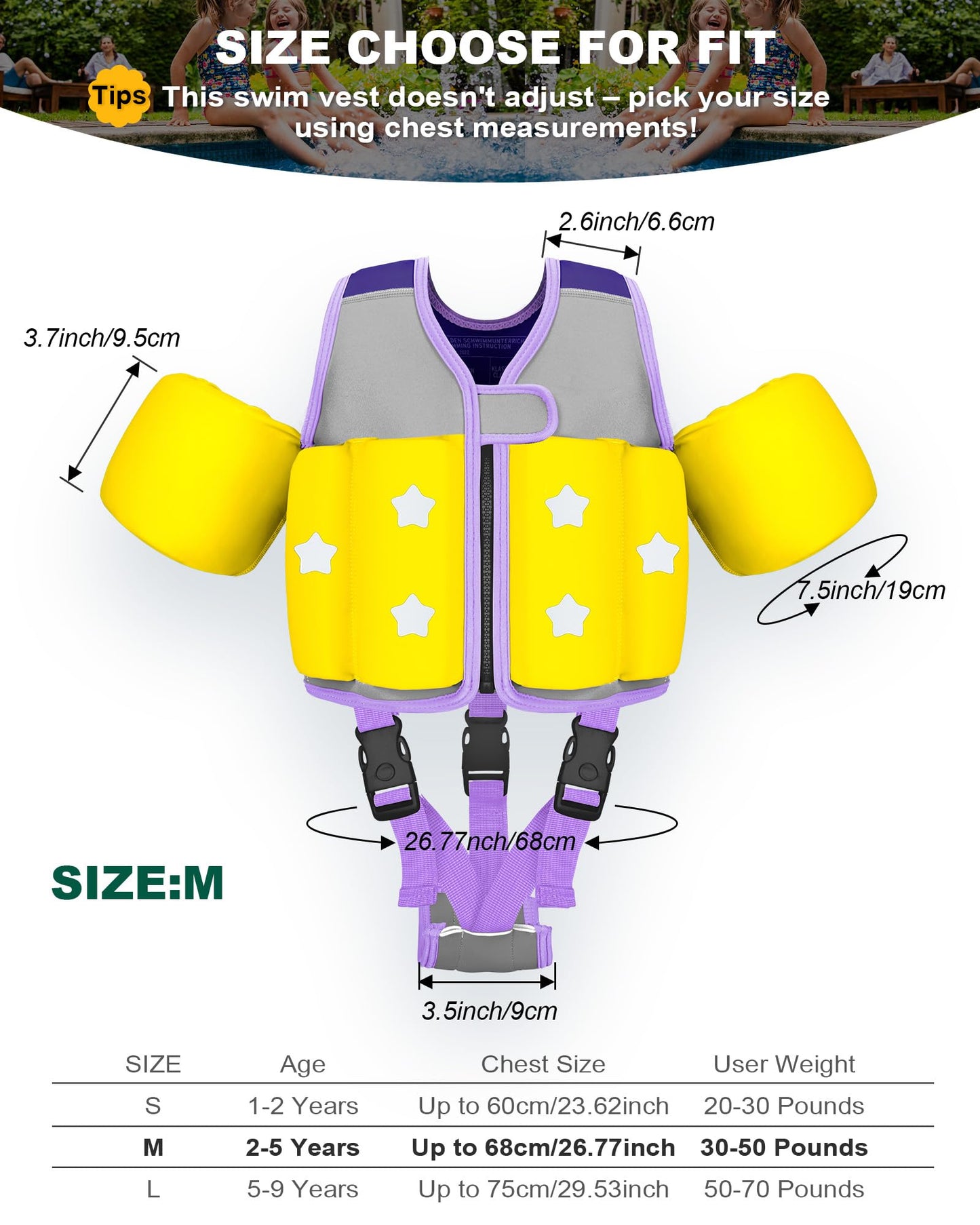 AEOCOO Kids Pool Floaties 1-2-3-5-7-9 Years Old, Toddler Swim Vest 20-30-50-70 Pounds, Comfortable Extended Wear Kids Float Jacket with Crotch Strap, Bright Design and Unpadded Sides, Purple