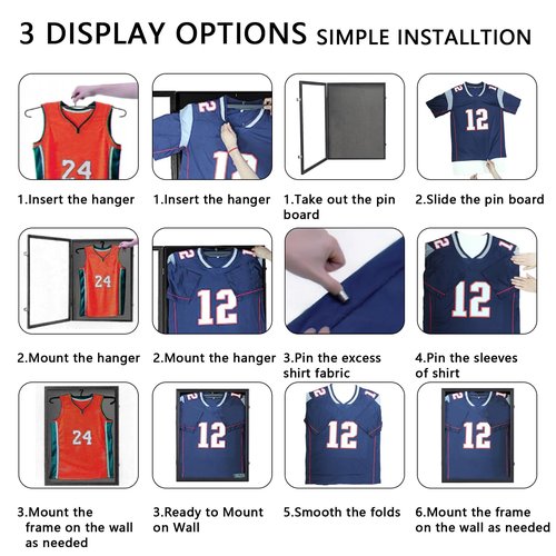 PKHROR Jersey Frame Display Case Large Lockable Sports Jersey Frame Shadow Box with Uv Protected Acrylic and Hanger for Baseball Basketball Football Soccer Hockey Sport Shirt Linen Black