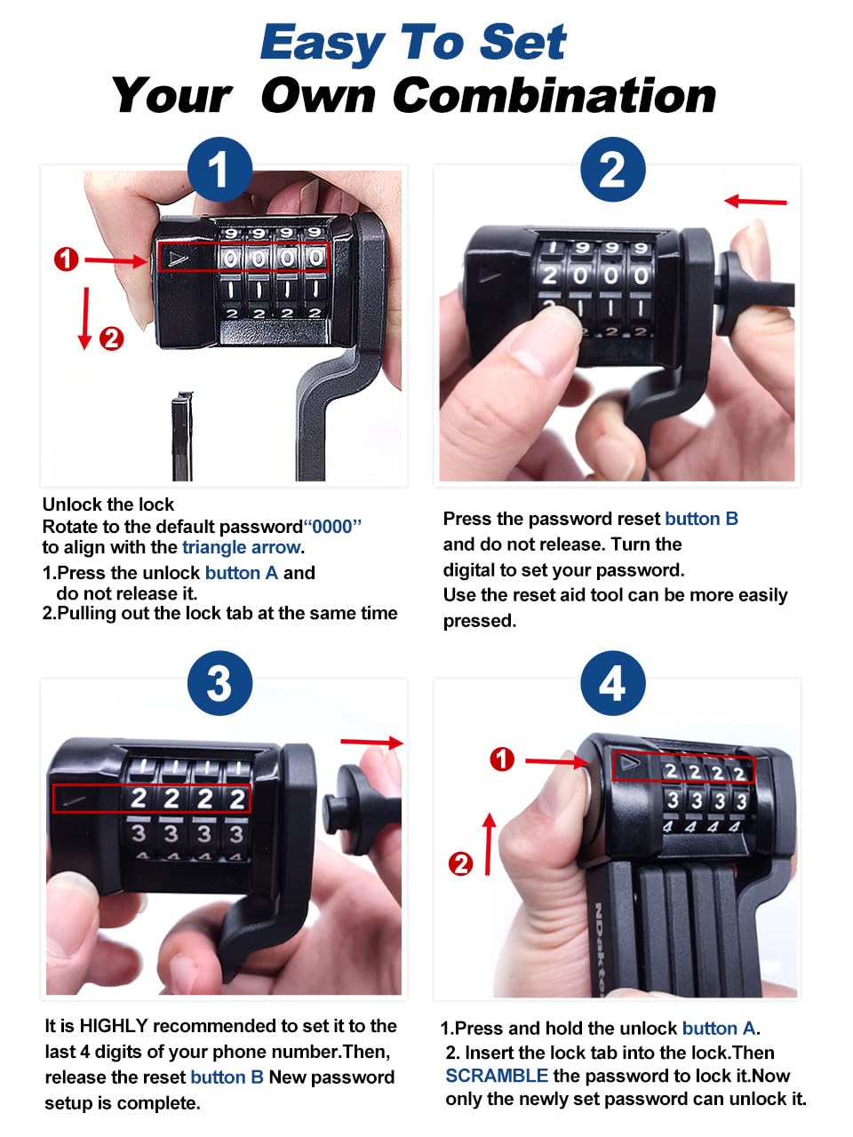 NDakter Folding Bike Lock, Keyless Compact 4 Digit Combination Bike Lock Heavy Duty Anti Theft, 3Ft Security Resettable Bike Foldable Locks for Bicycle, Electric Bike, Escooter