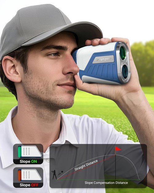 WOSPORTS Golf Rangefinder with Slope Switch, 1200 Yards Range Finder for Golfing & Hunting, ±1yd Accuracy, 0.3s Flag Locking Vibration, Rechargeable, Blue/White
