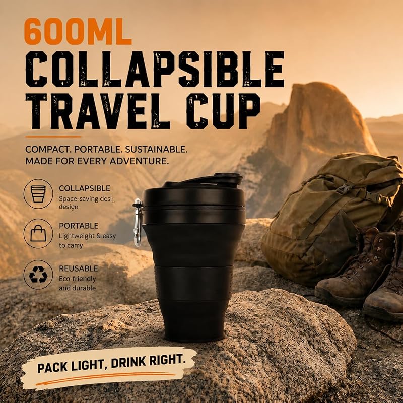 Collapsible 20oz Silicone Coffee Cup with Straw Lid – Black