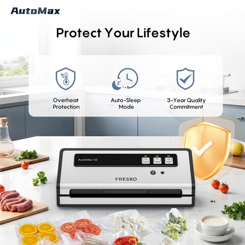 FRESKO Automatic Vacuum Sealer 95KPA Double Pump | Double Heat Seal for 8X Freshness | Pulse Vac Mode for Delicate Foods | Starter Kit with Bags 10-Pack