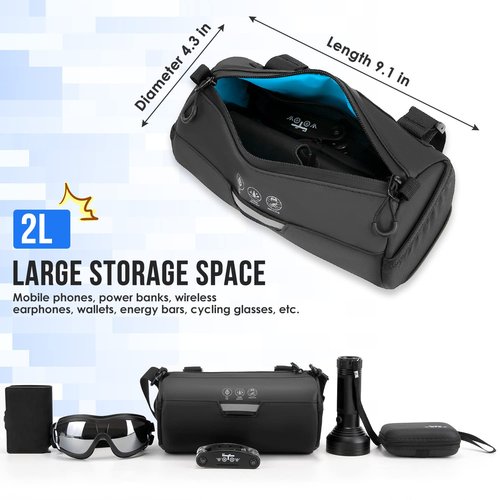 WOTOW Bike Handlebar Bag Waterproof - Bicycle Handlebar Roll Bag with Large Reflective Area, Bike Front Pouch with Waterproof Zipper Shoulder Strap Removable Straps for Cycling (Cylinder, 2L)