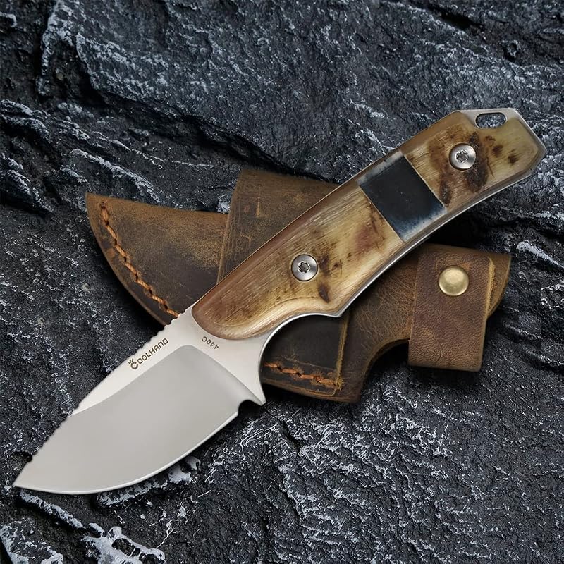 Fixed Blade Knife 5.98" with Ram Horn Handle & Leather Sheath - 440C Steel