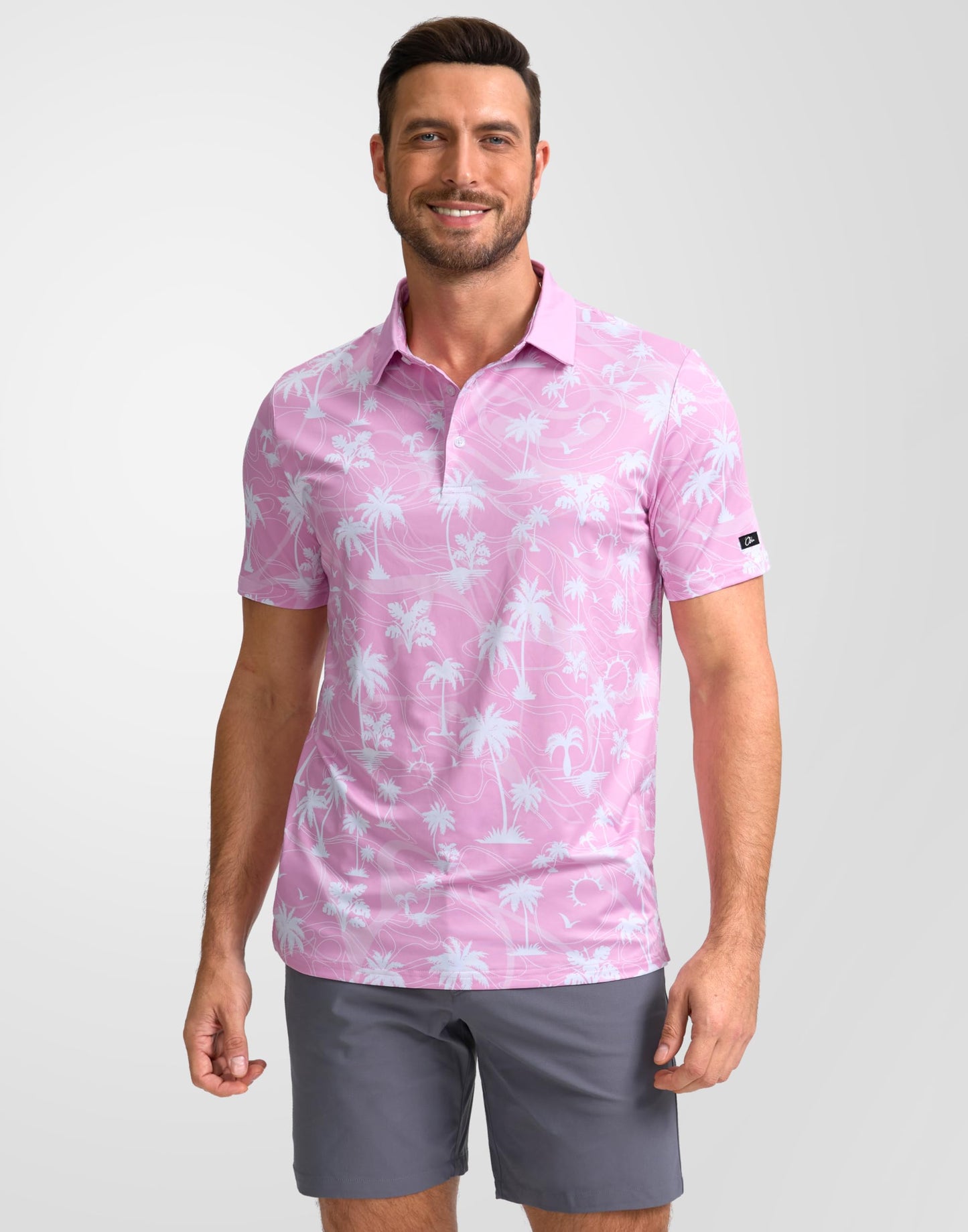 Obla Mens Golf Polo Shirts Short Sleeve Dry Fit Casual Print Collared Golf Shirts Wicking for Men(Pink Coconut Beach_XL)