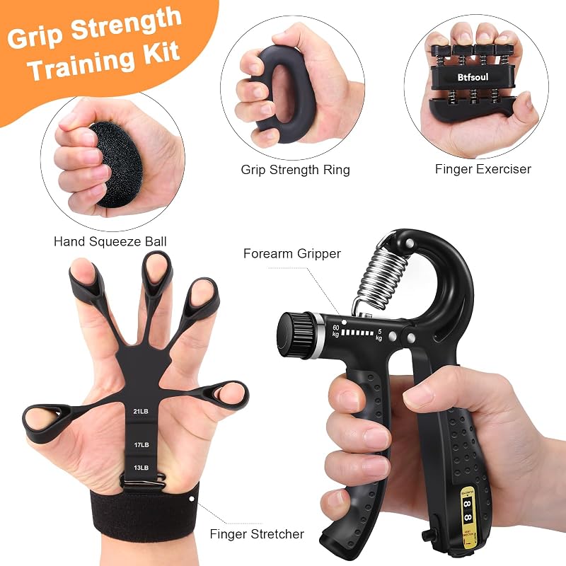 Grip Strength Trainer Kit with Hand Gripper, Finger Exerciser & Stress Ball – Black Grey Variation
