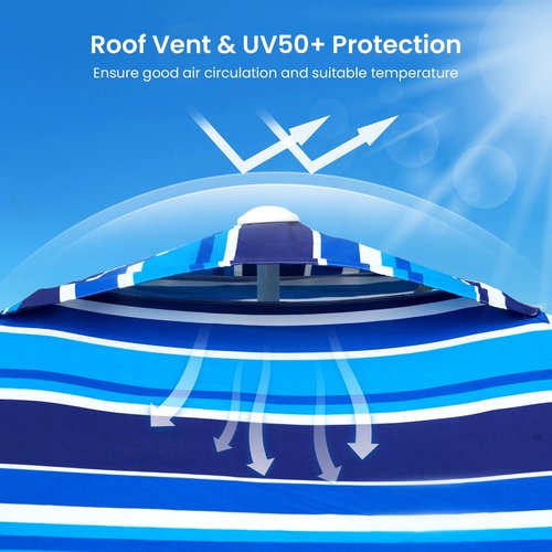 Grandekor Upgraded 6'×6' Pop Up Beach Canopy Tent for Family & Kids UPF 50+ Sun Shelter for Pool Camping with Sand Anchor Sidewall Dark Light Blue White Stripe