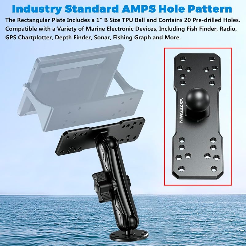 1" Ball Aluminum Alloy Fish Finder Mount, AMPS Rectangular Plate