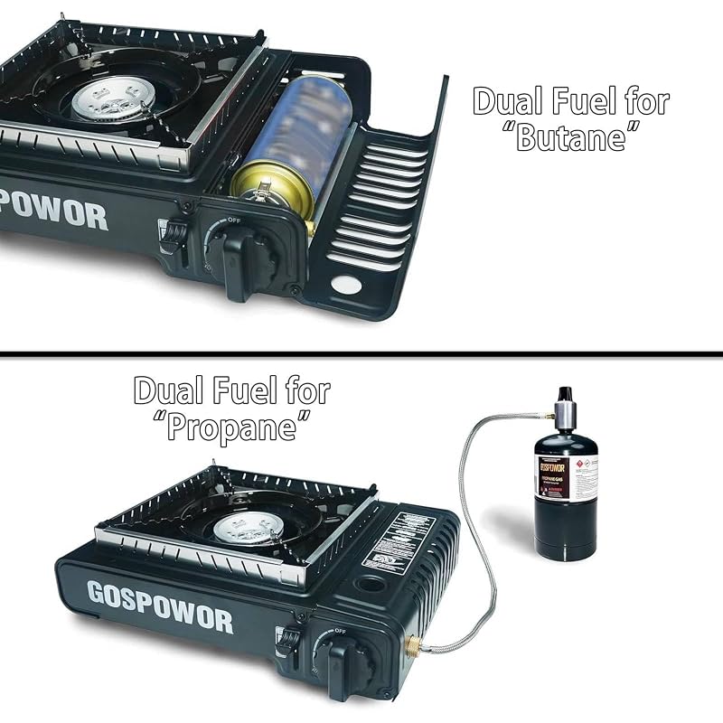 Dual Fuel Portable Camp Stove 10,000 BTU with Auto Ignition, Windblocker - Includes Hose & Case (Variation: Black) — Fuel Not Included