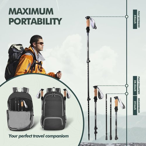 KINGGEAR Nordic Walking Stick, TP1 Hiking Poles Retractable Lightweight 7075 Aluminum, Trekking Poles with Flip Lock, Natural Cork and EVA Grip, 2pc Hiking Gear